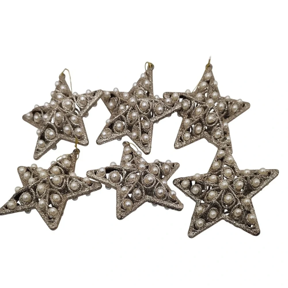 Glitter Christmas Ornaments Silver Gold‎ Tone Faux Pearl Beads 3D Set of Six